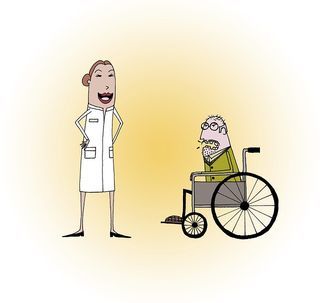 Caricatura enfermera cuidadora y abuelo en silla de ruedas